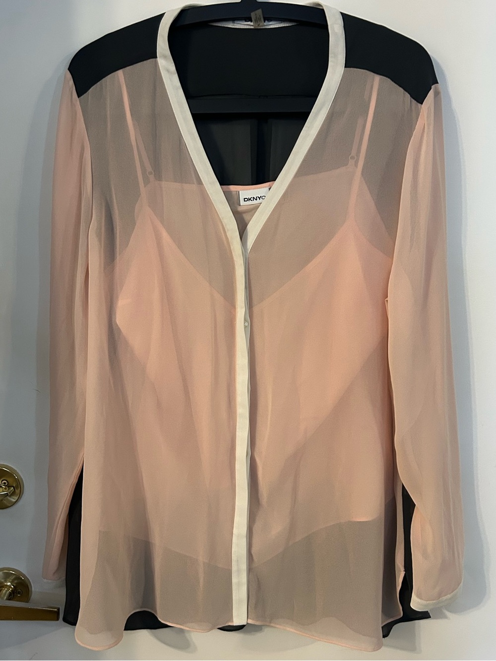 DKNYC Women’s Dark Grey and Pink Sheer Button-Front Top With White Trim. Size XL
